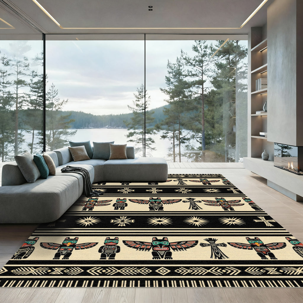 Black and Cream Totem Striped Art Rug