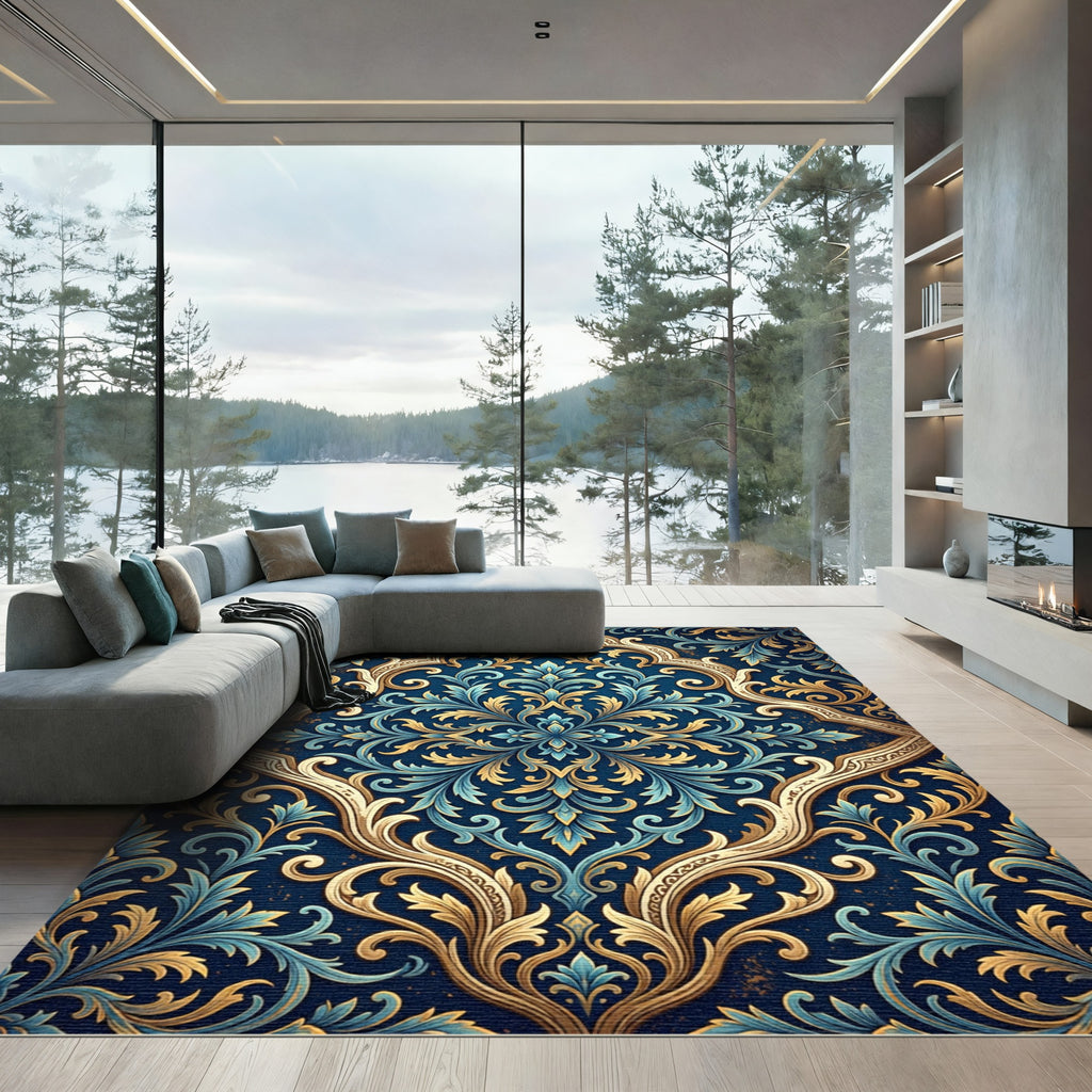 Ornate Blue Gold Damask Scroll Rug