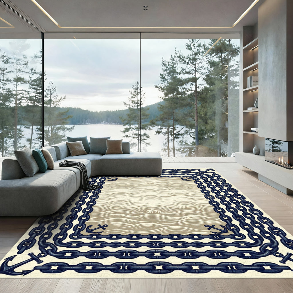 Nautical Anchor Chain Ocean Waves Frame Rug