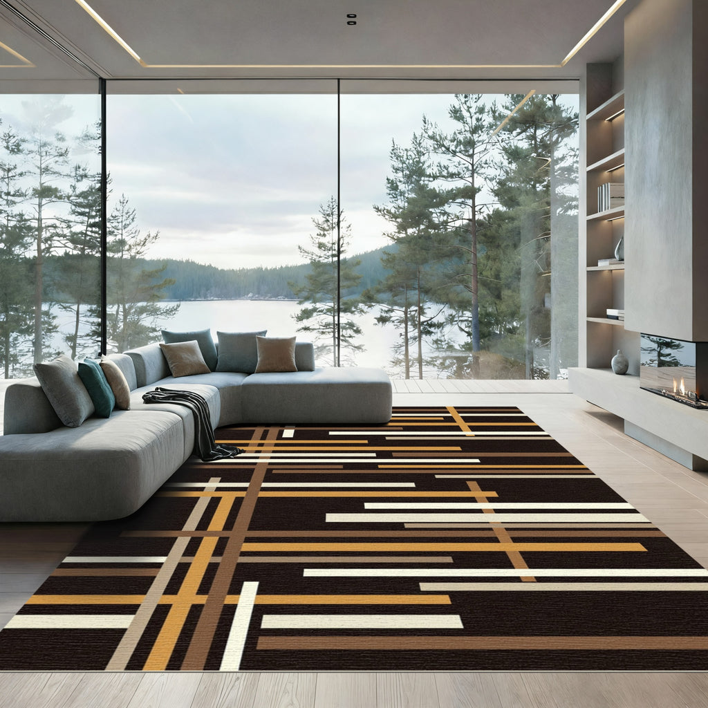 Mid-Century Modern Earth Tone Linear Grid Rug