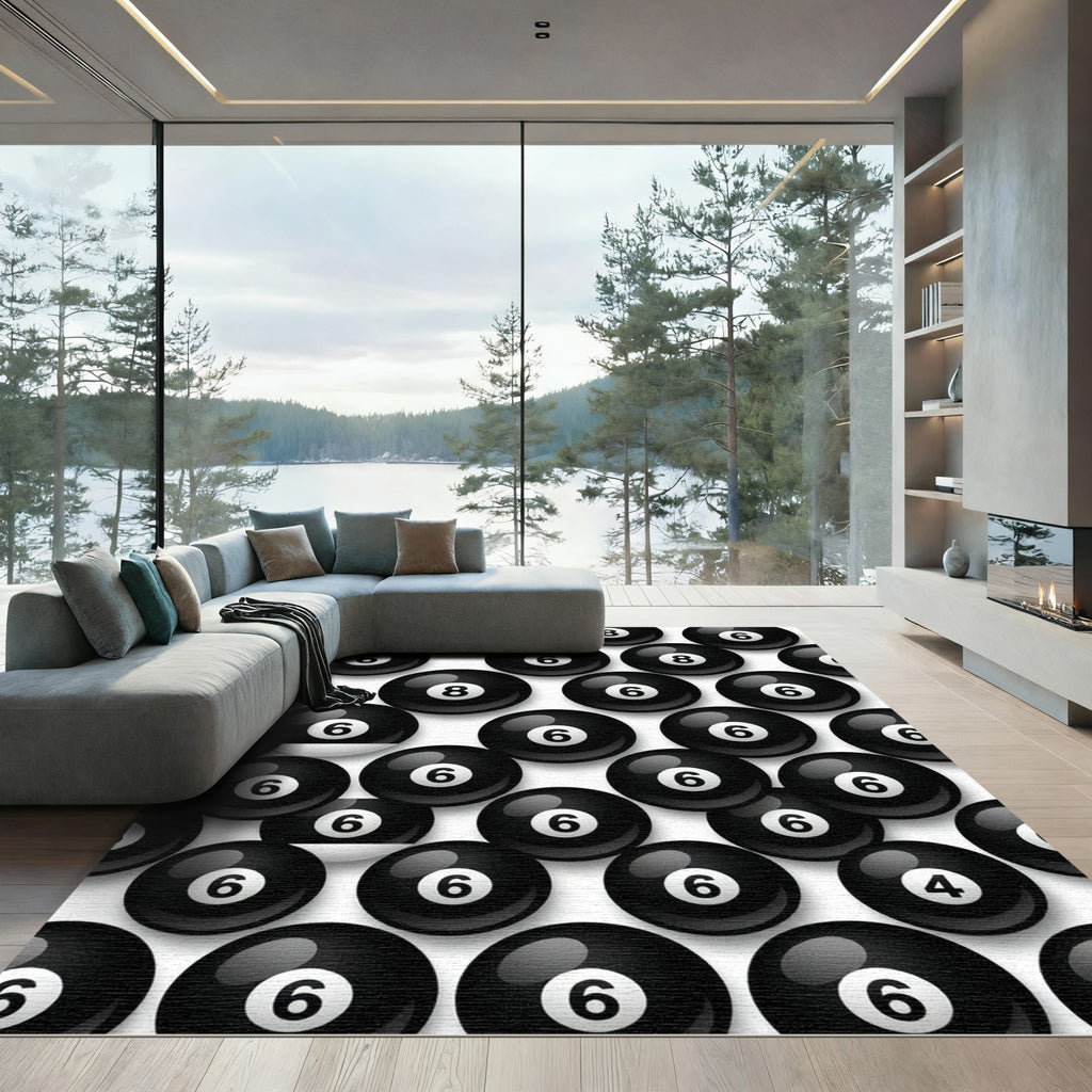 Playful Black and White Billiard Ball Rug