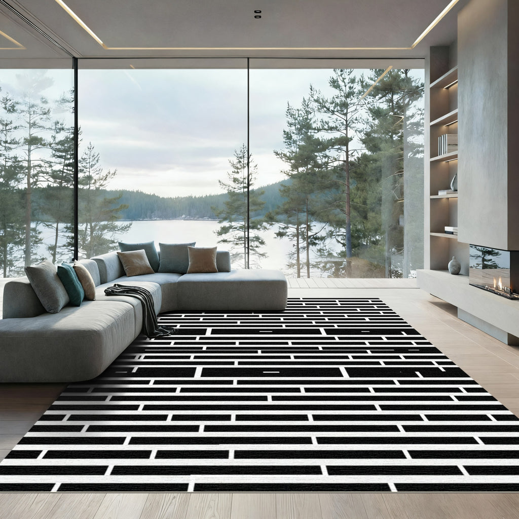 Bold Black White Rectilinear Lines Rug