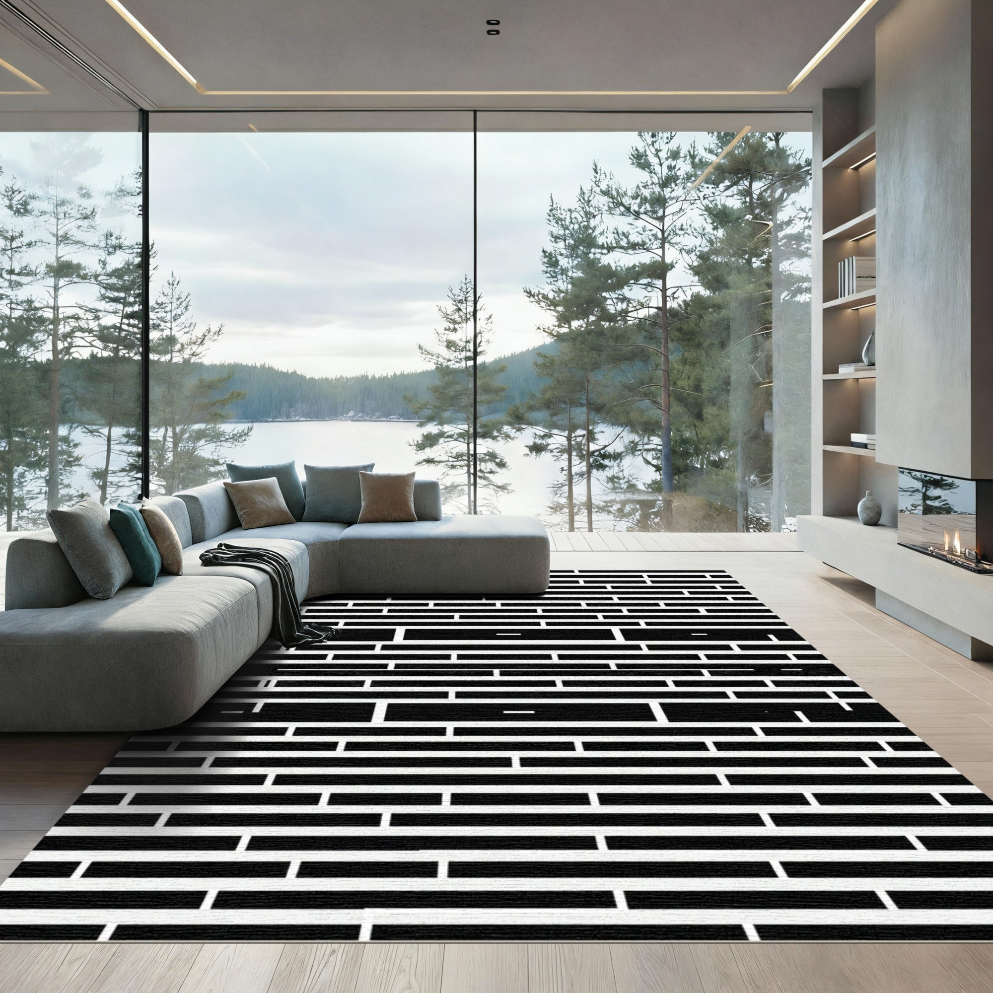 Bold Black White Rectilinear Lines Rug