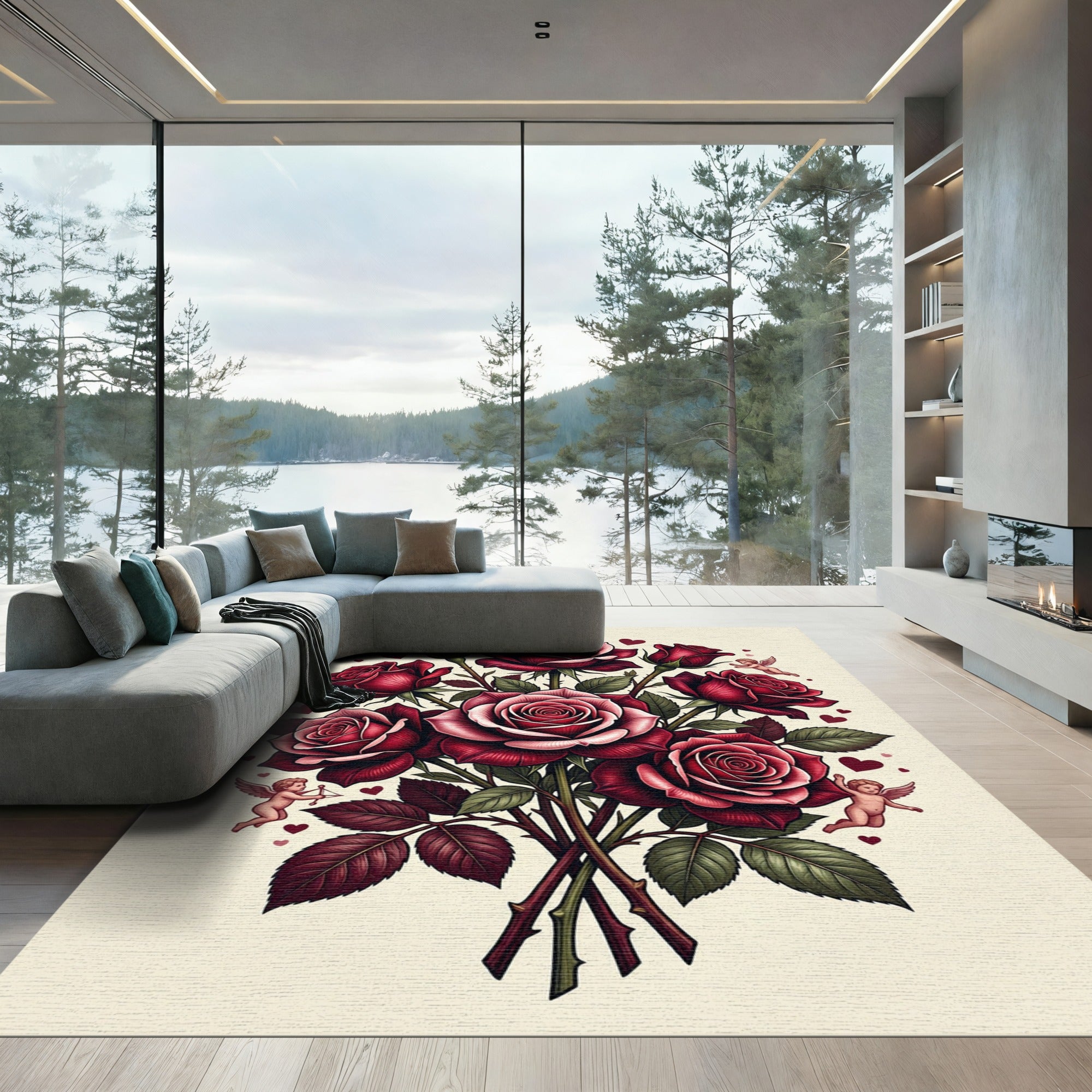 Crimson Rose Bouquet Cherub Hearts Rug