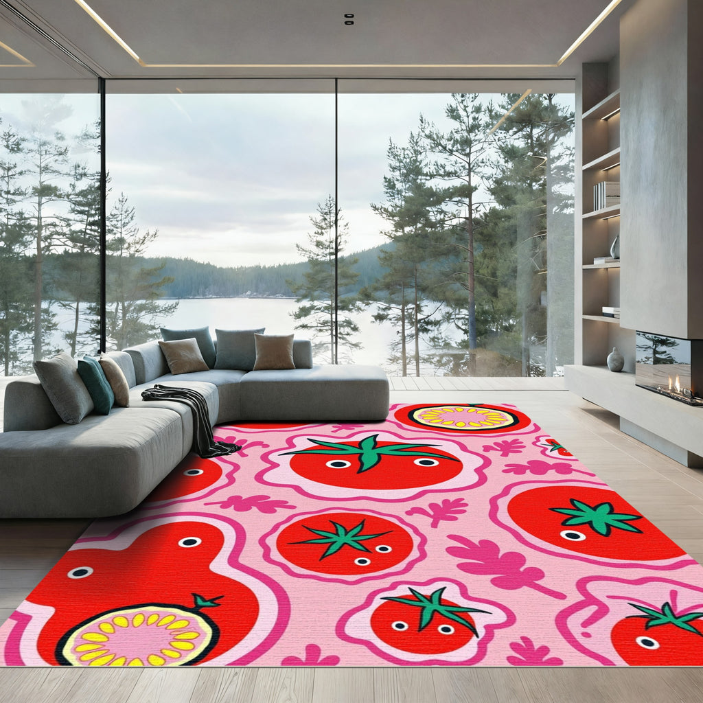 Whimsical Pink Tomato Folk Art Rug