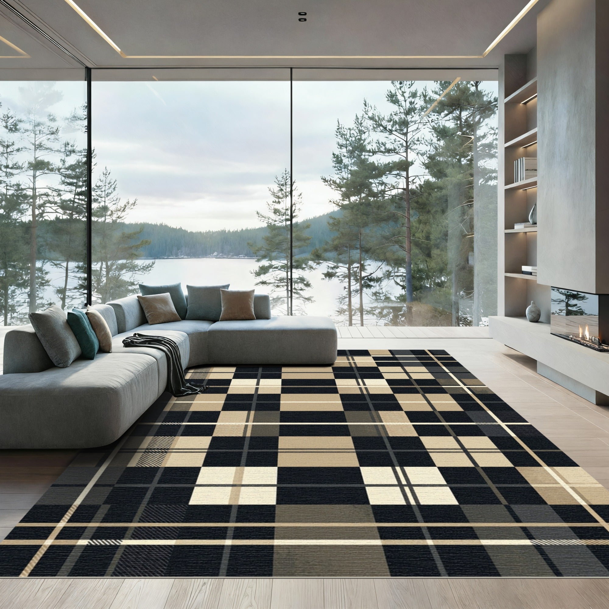 Modern Neutral Plaid Grid Rug