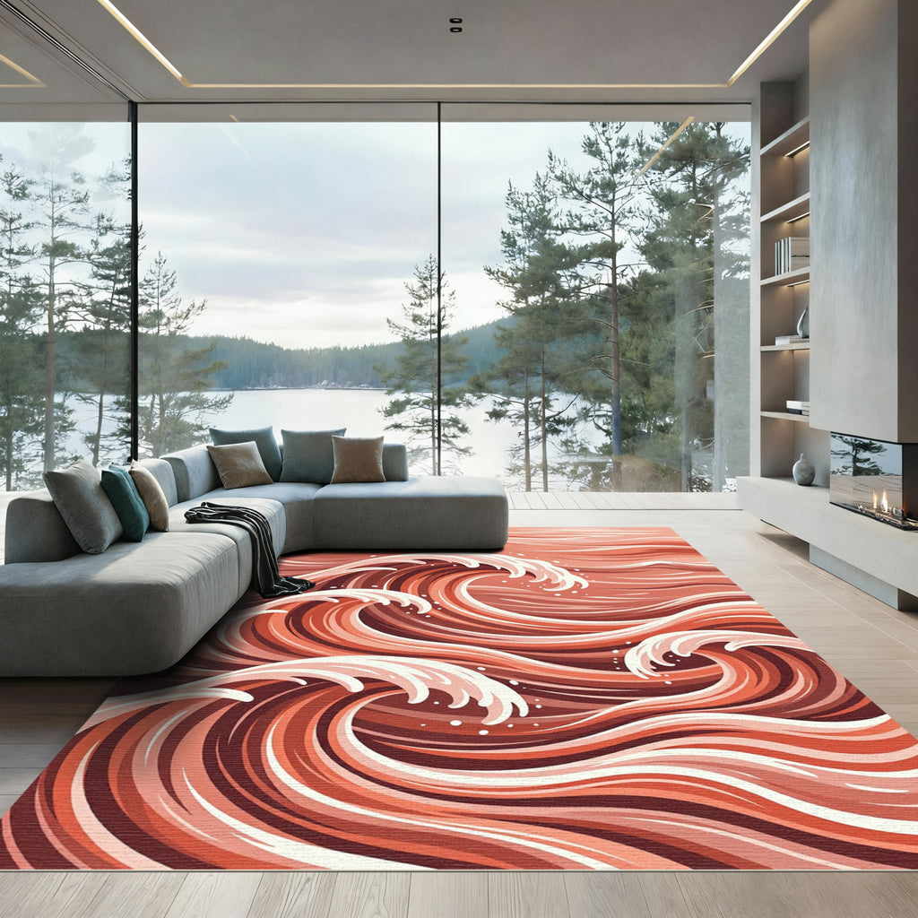 Crimson Coral Abstract Ocean Waves Rug