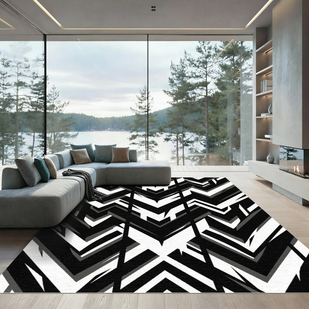 Black White Monochrome Jagged Chevron Rug