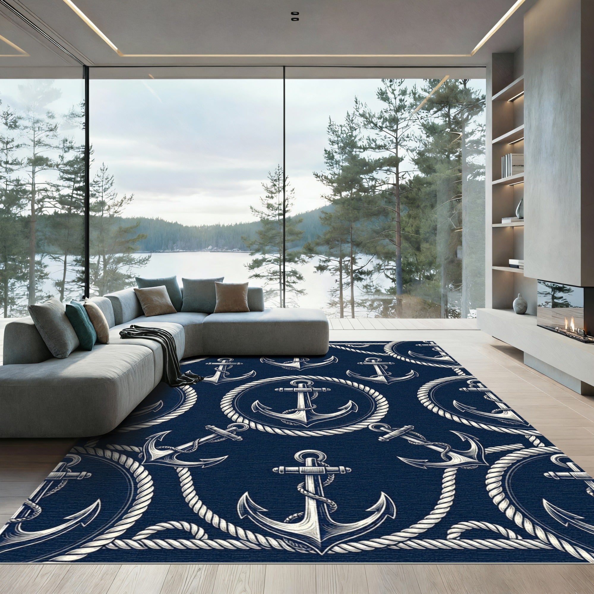 Nautical Rope Anchor Navy Repeat Rug