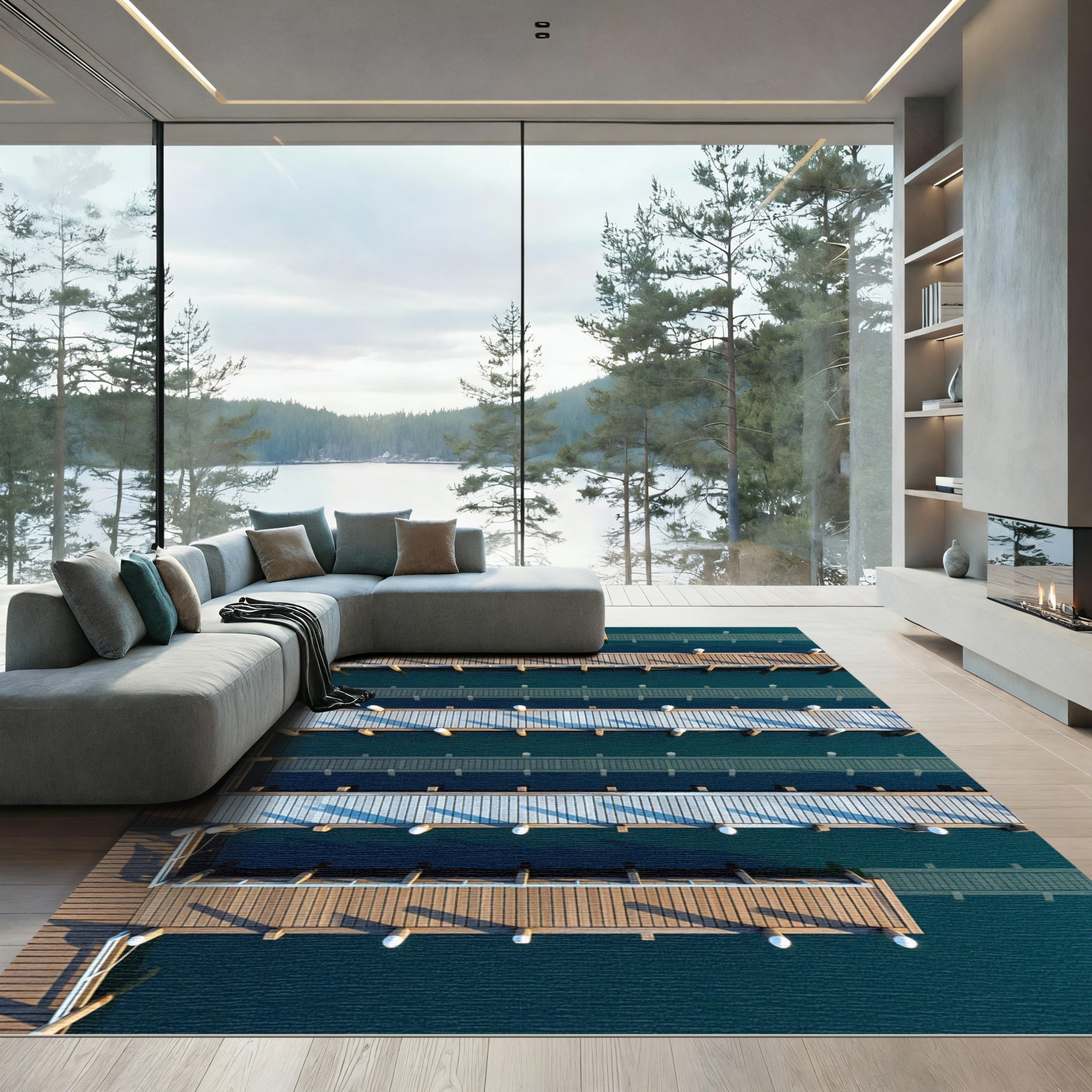 Linear Blue Dock Geometric Perspective Rug
