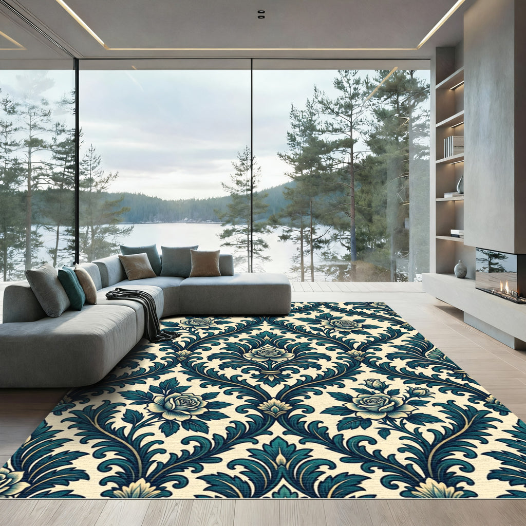 Elegant Teal Rose Damask Scroll Rug