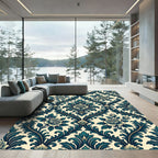 Elegant Teal Rose Damask Scroll Rug