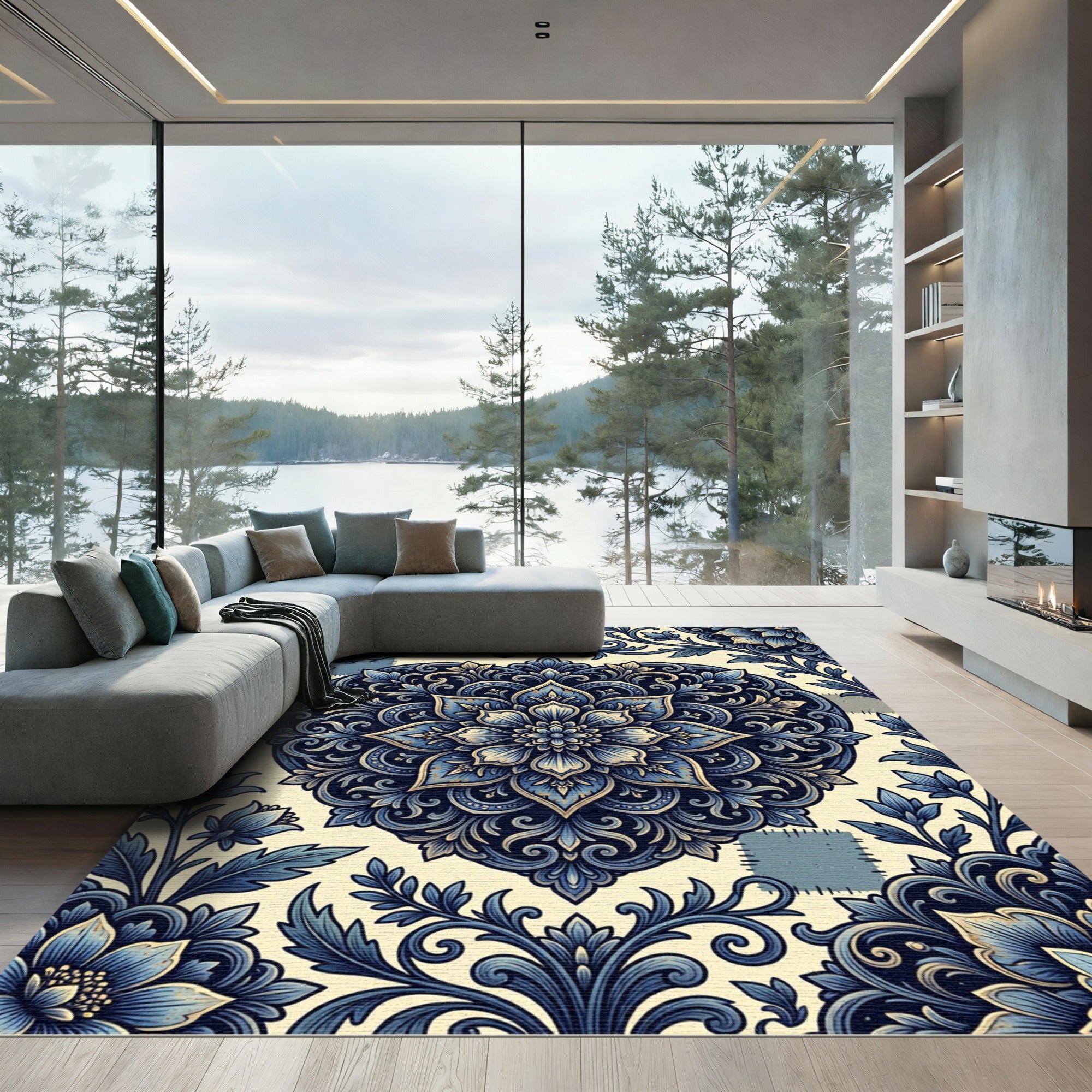 Deep Blue Floral Heart Medallion Rug