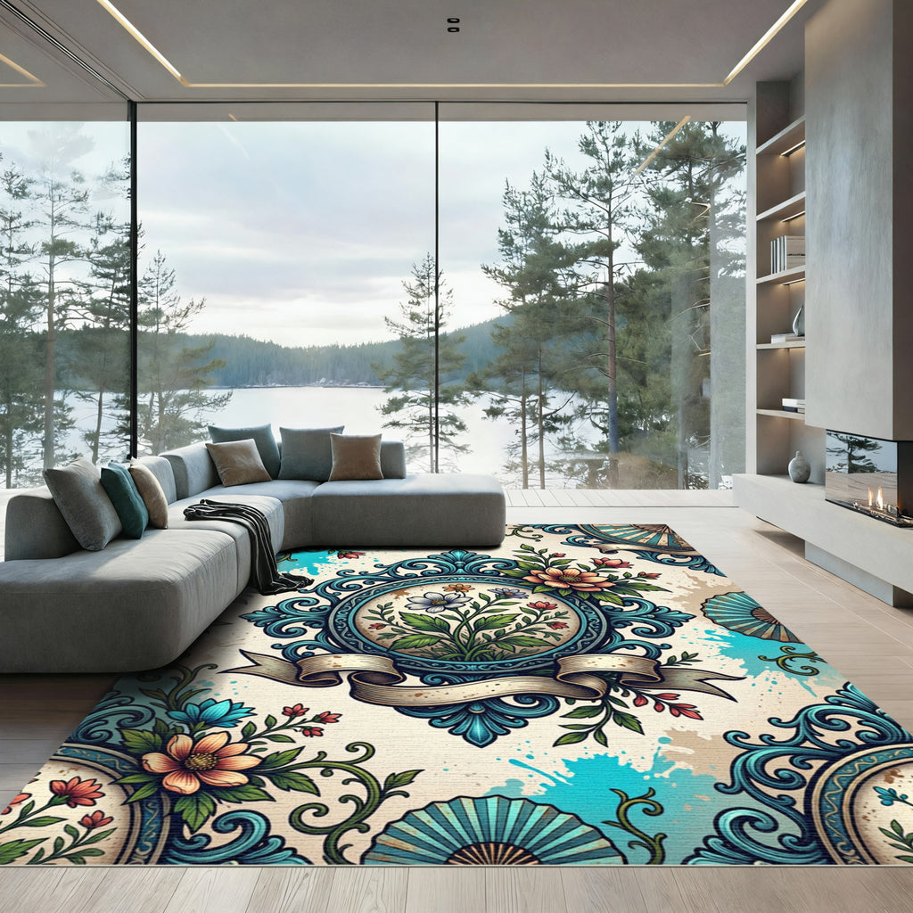 Elegant Teal Floral Baroque Medallion Rug