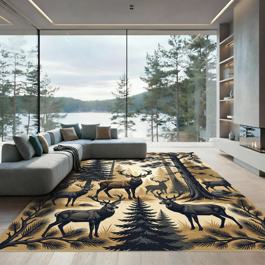 Majestic Forest Deer Wildlife Landscape Rug