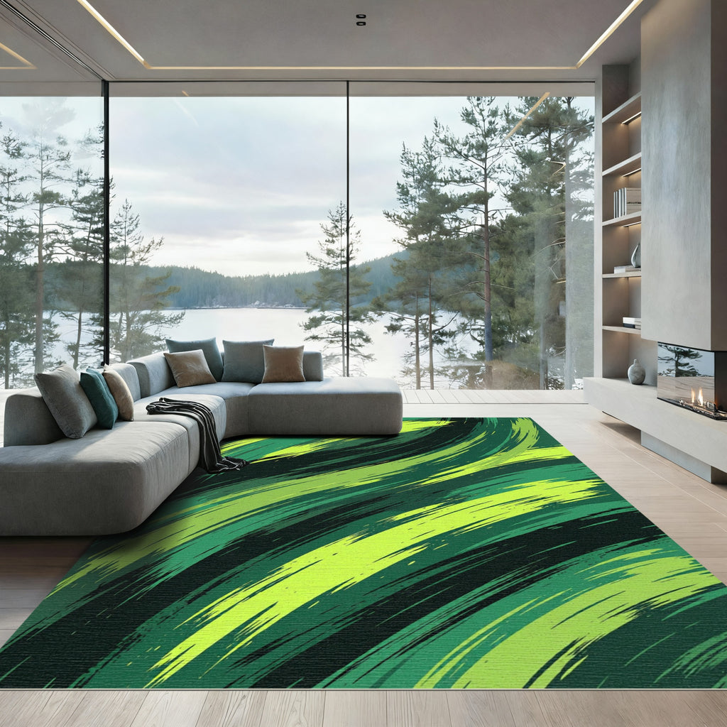 Vibrant Green Brushstroke Swirl Rug
