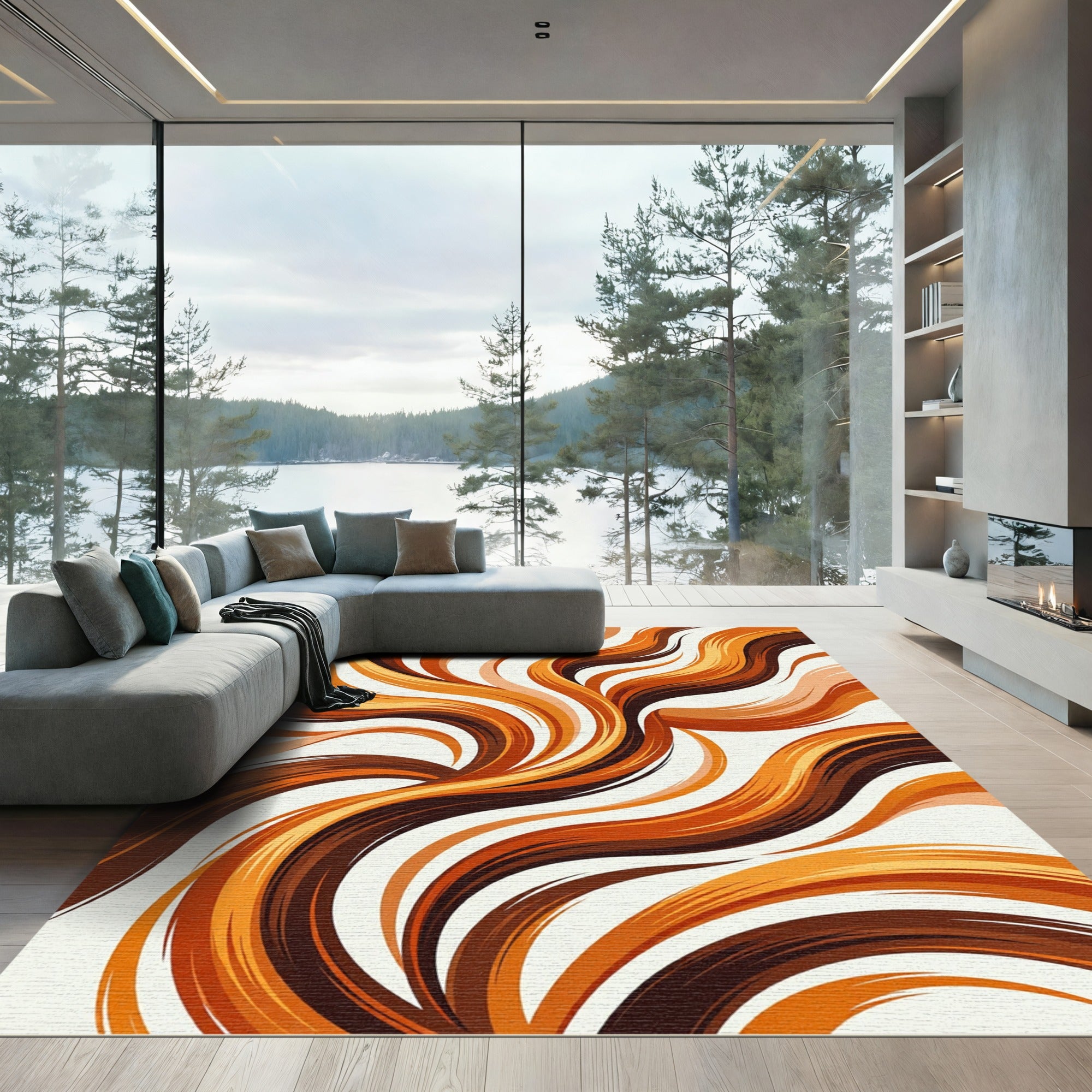 Warm Amber Abstract Fluid Waves Rug