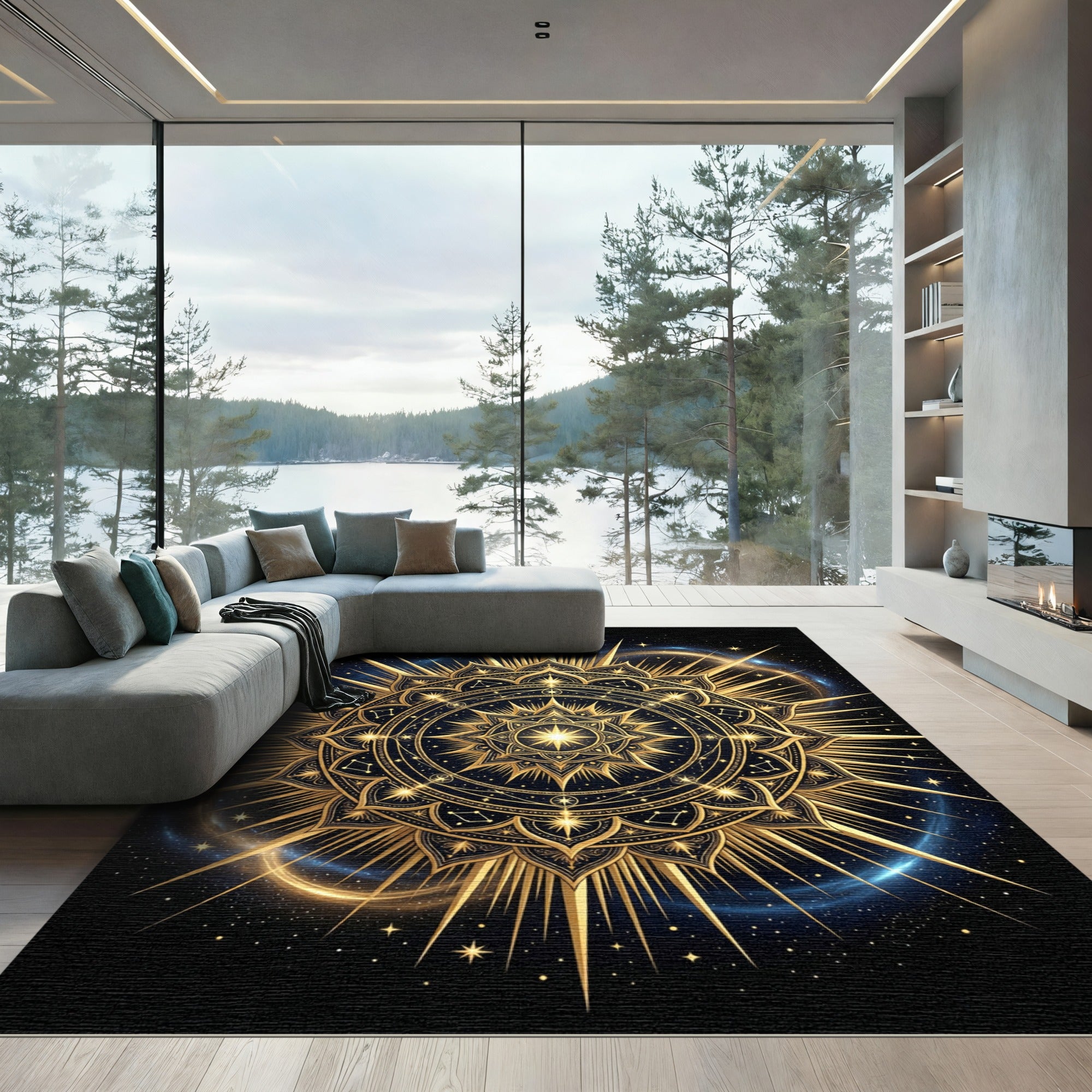 Golden Celestial Mandala Starry Night Rug