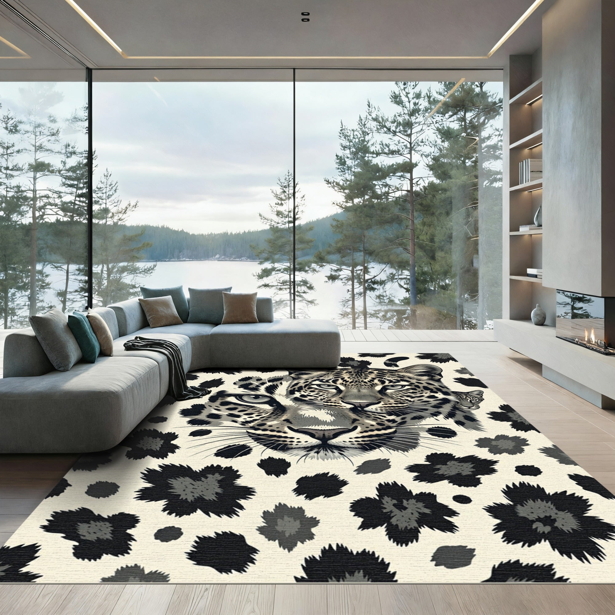 Monochromatic Leopard Face Animal Illustration Rug