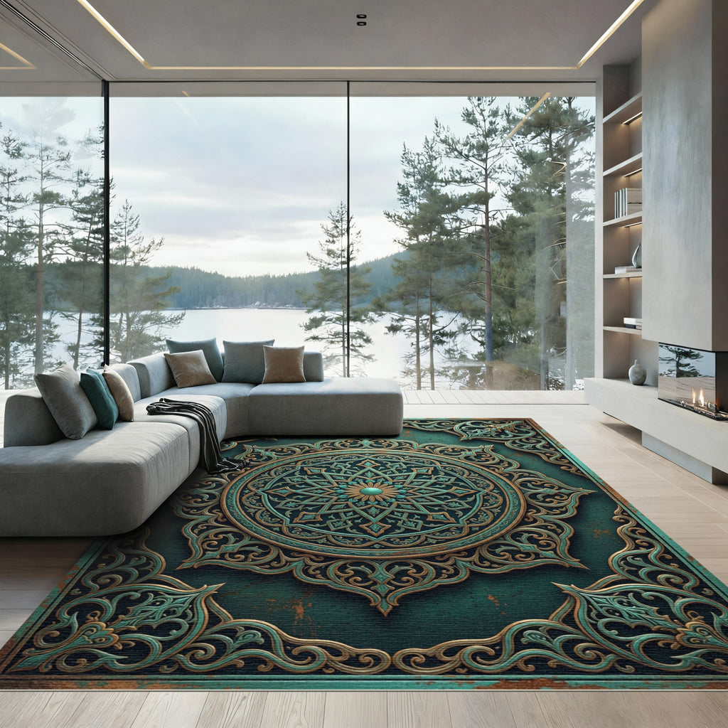 Teal and Gold Ornate Mandala Medallion Rug