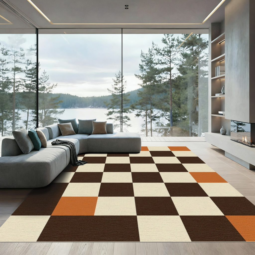 Modern Brown Cream and Terracotta Checkerboard Rug