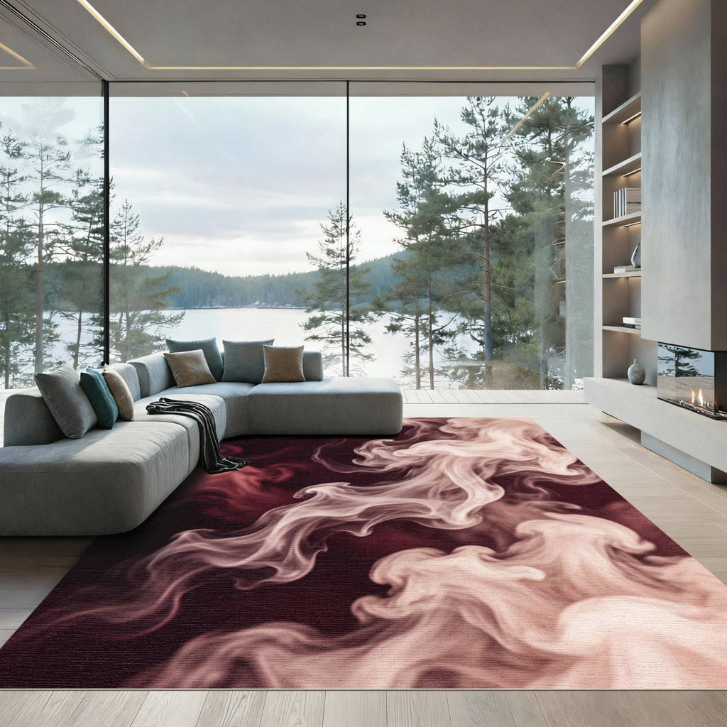 Ethereal Crimson and Cream Smoke Swirl Rug