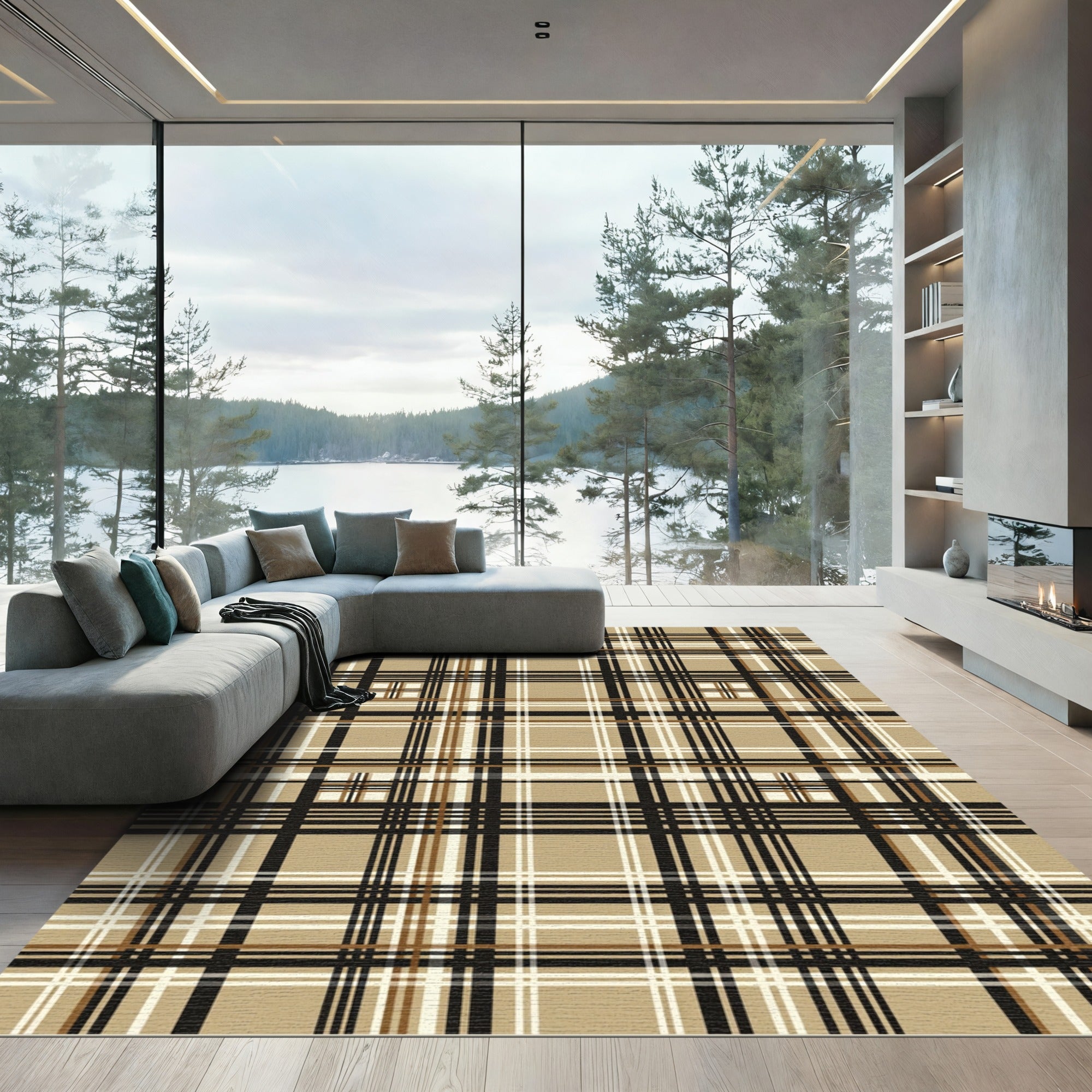 Classic Tan and Black Plaid Rug
