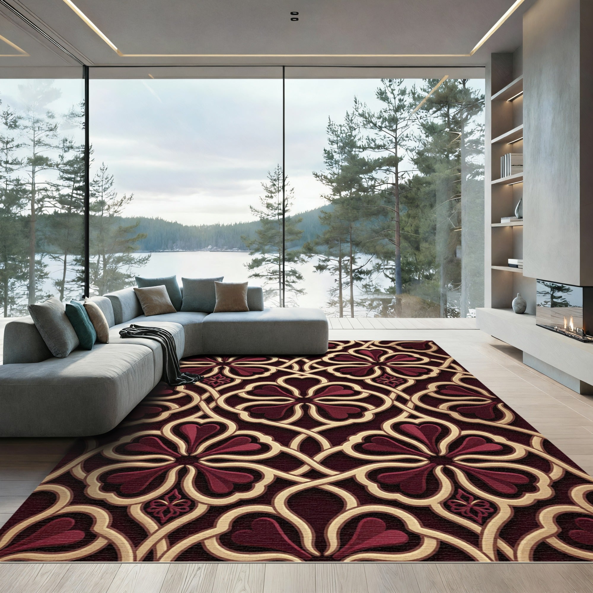Deep Burgundy Floral Interlace Rug