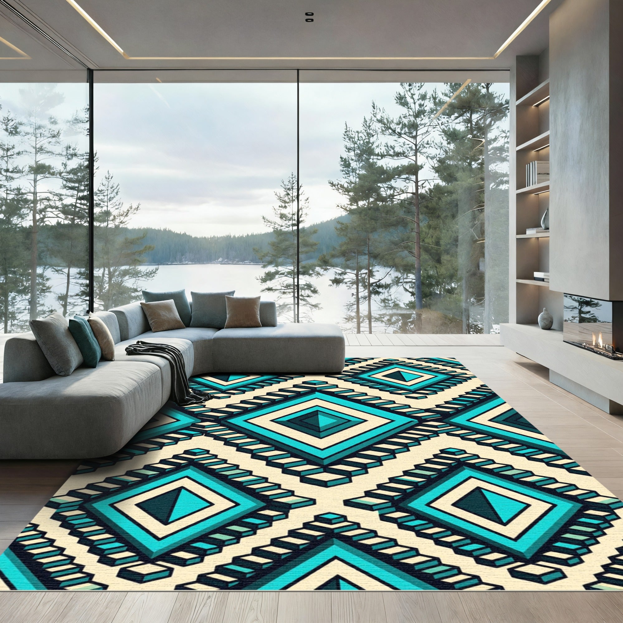 Geometric Teal Staircase Diamond Art Rug