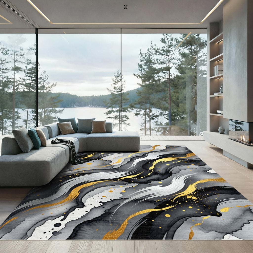 Golden Black Abstract Ink Wave Flow Rug