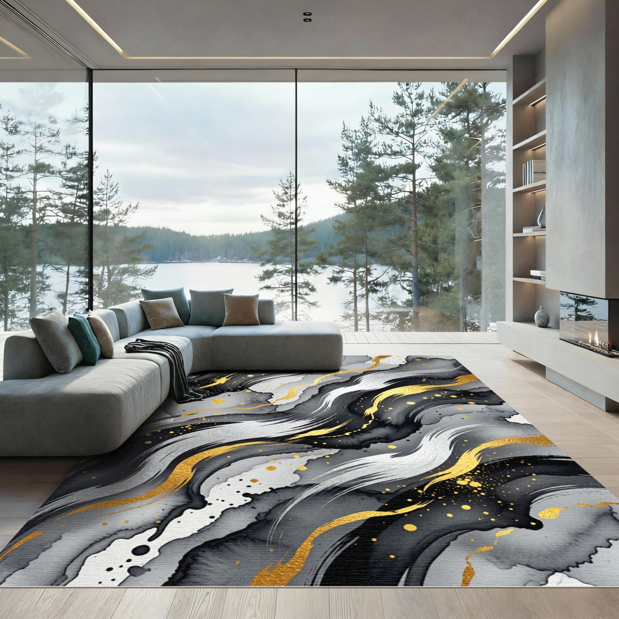 Golden Black Abstract Ink Wave Flow Rug