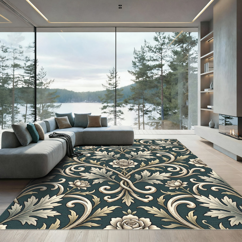 Elegant Cream Floral Damask Dark Teal Rug