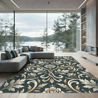 Elegant Cream Floral Damask Dark Teal Rug