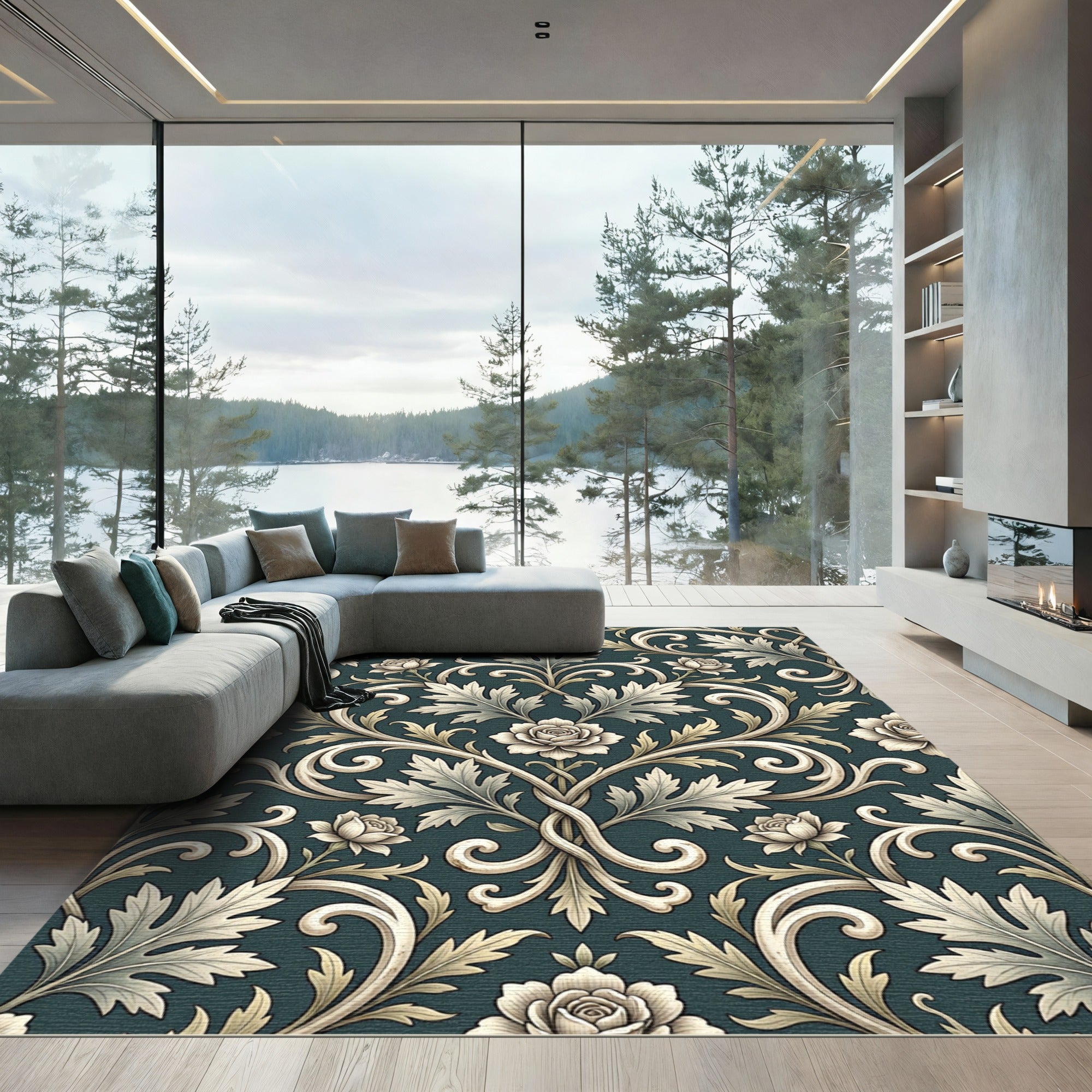Elegant Cream Floral Damask Dark Teal Rug