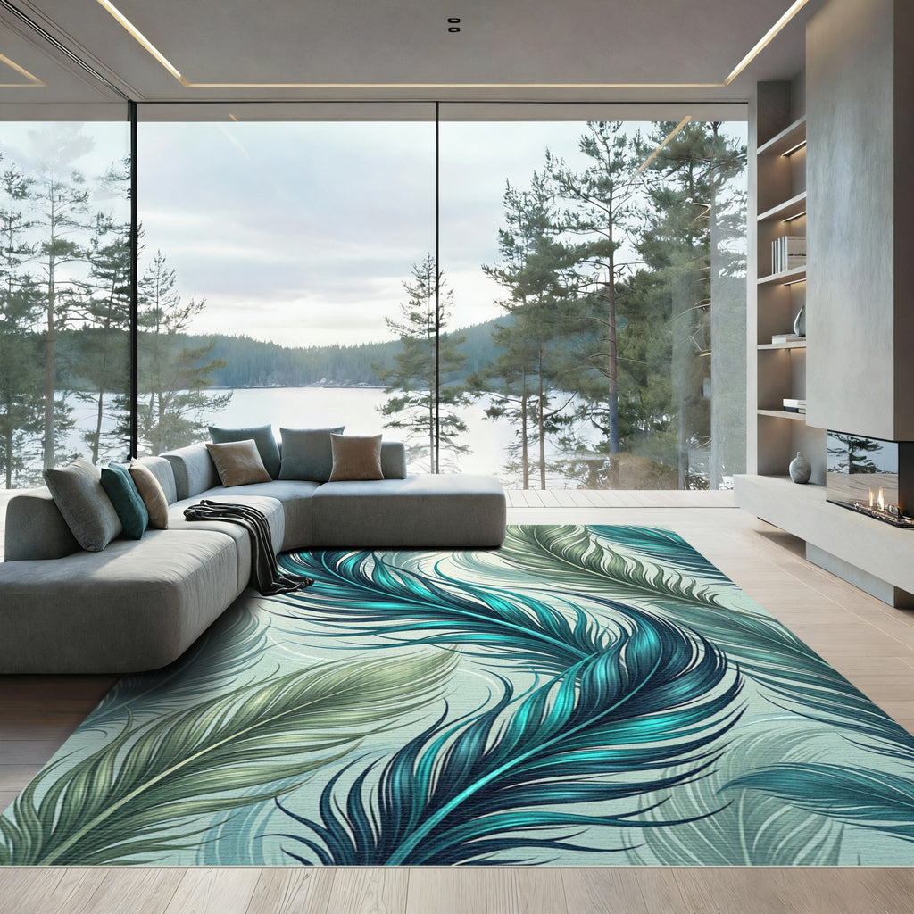 Lush Ethereal Teal Feather Art Rug