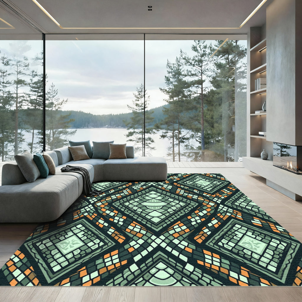 Emerald Snake Skin Geometric Diamond Rug