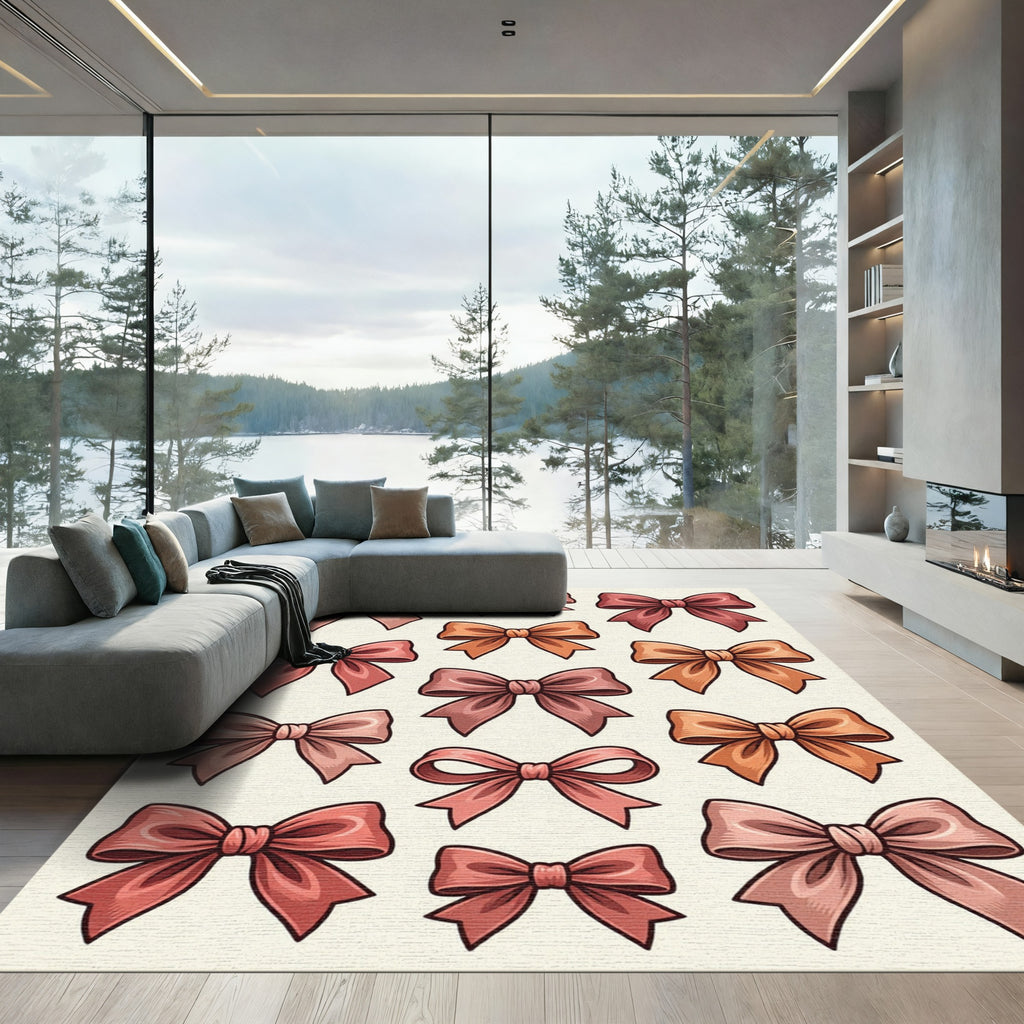 Sweet Romantic Pink Bow Ribbon Grid Rug
