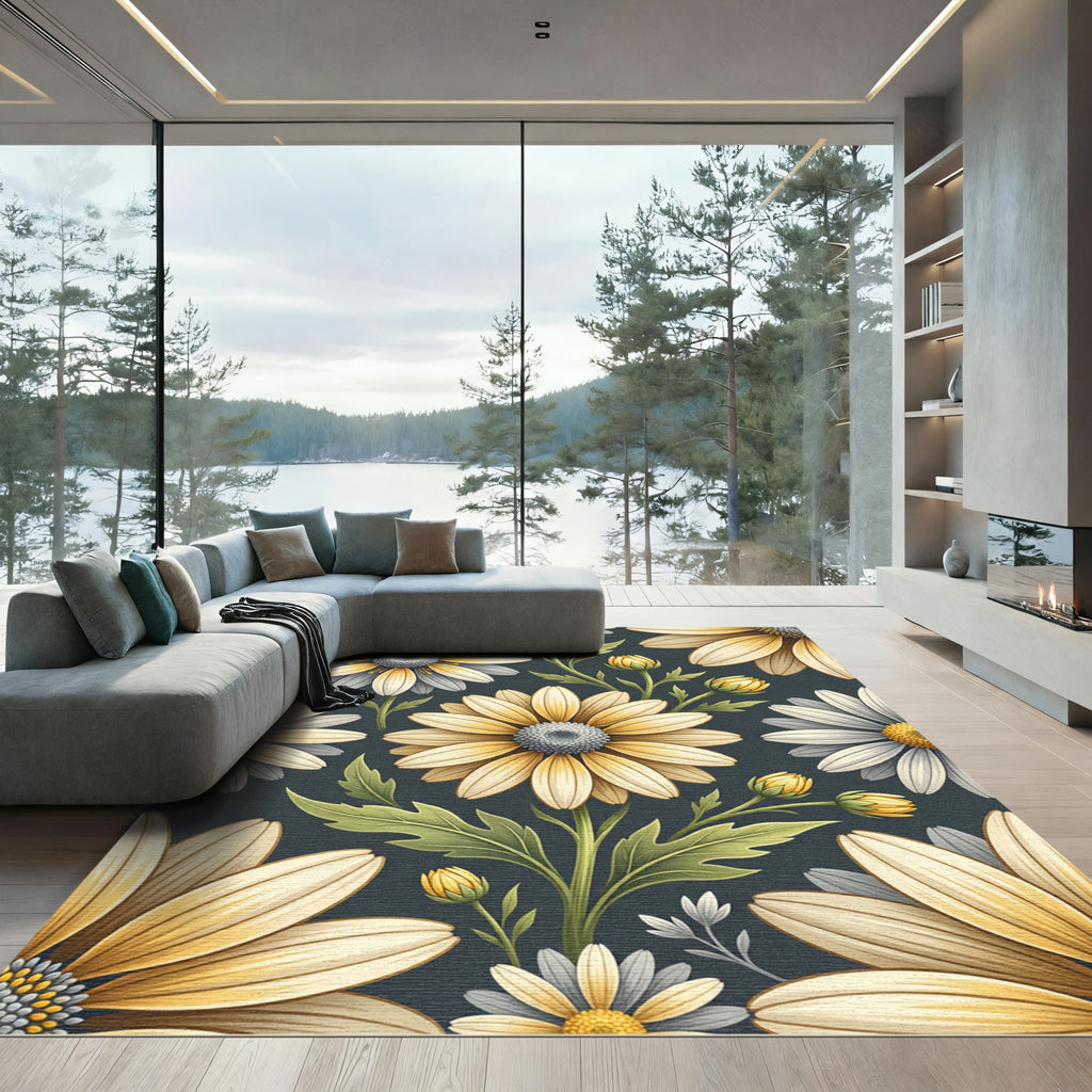 Earthy Yellow Daisy Floral Botanical Rug