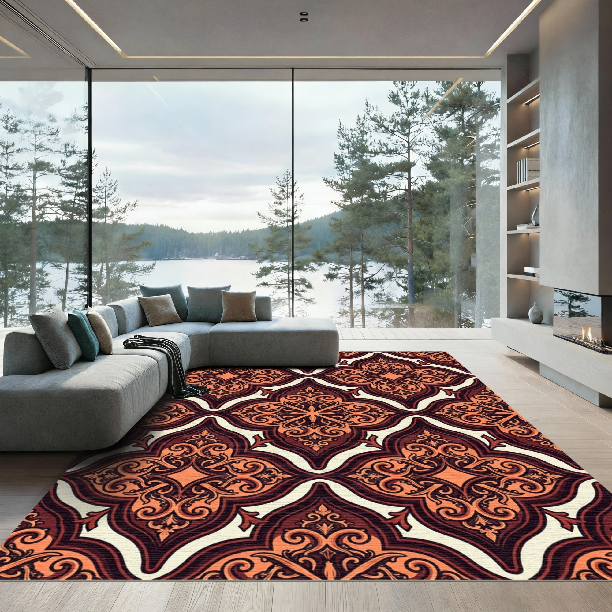Rich Amber Arabesque Scrollwork Rug