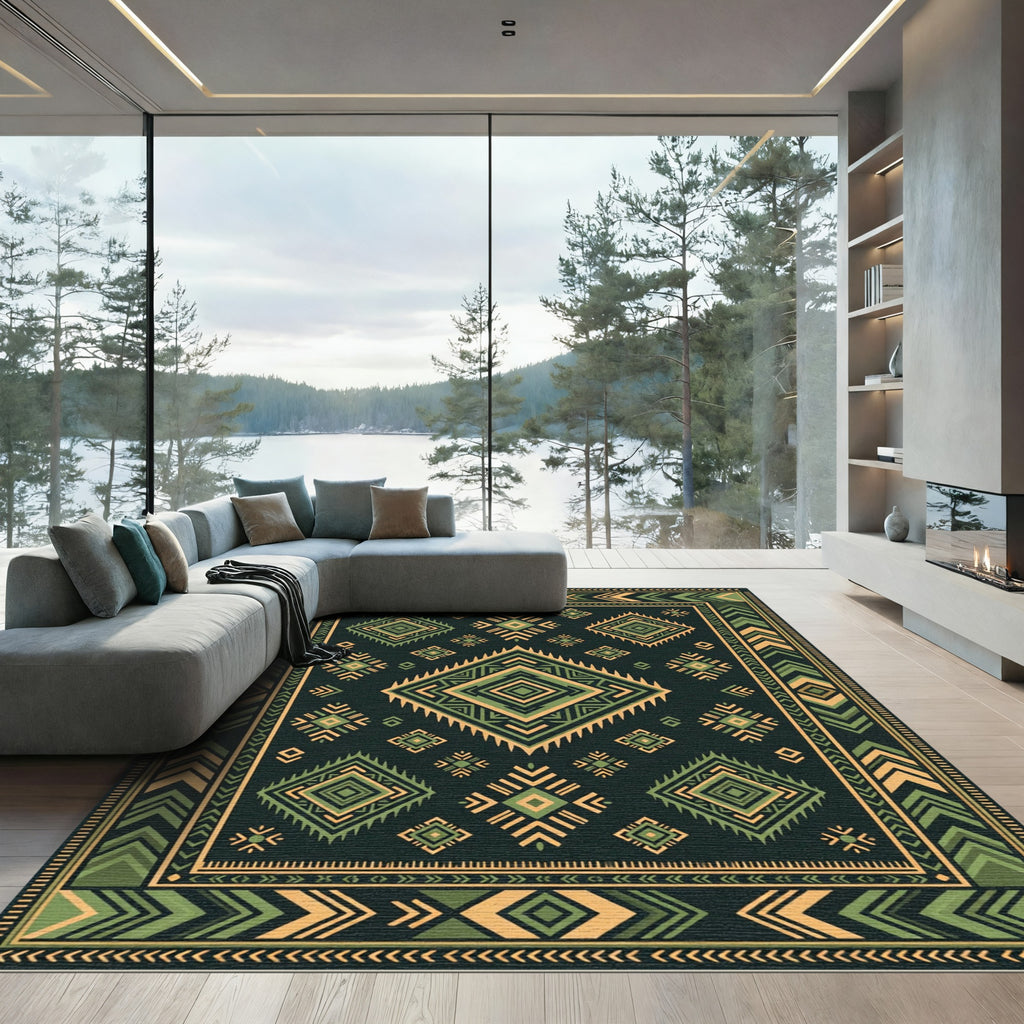 Green Yellow Geometric Diamond Aztec Rug