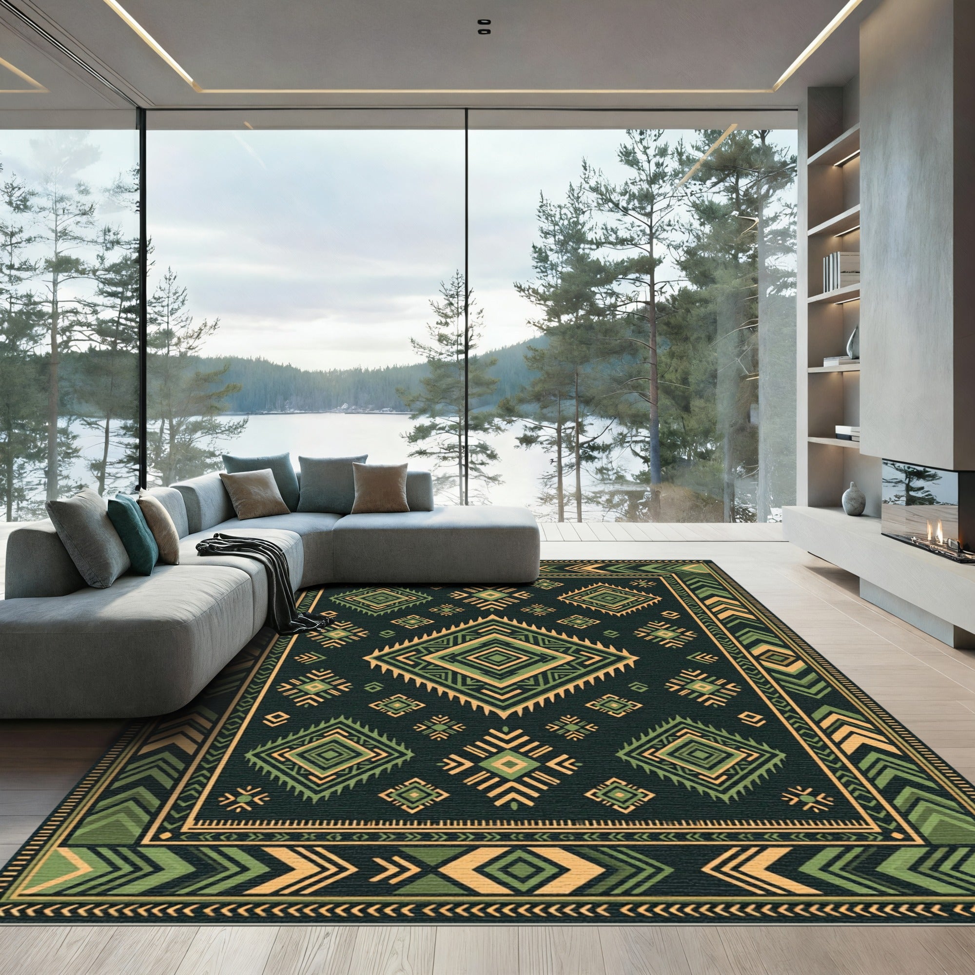 Green Yellow Geometric Diamond Aztec Rug