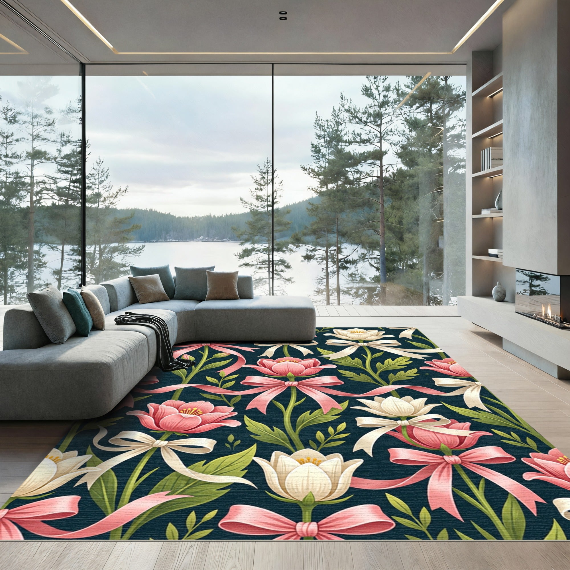 Pink and Cream Floral Ribbon Trellis Rug