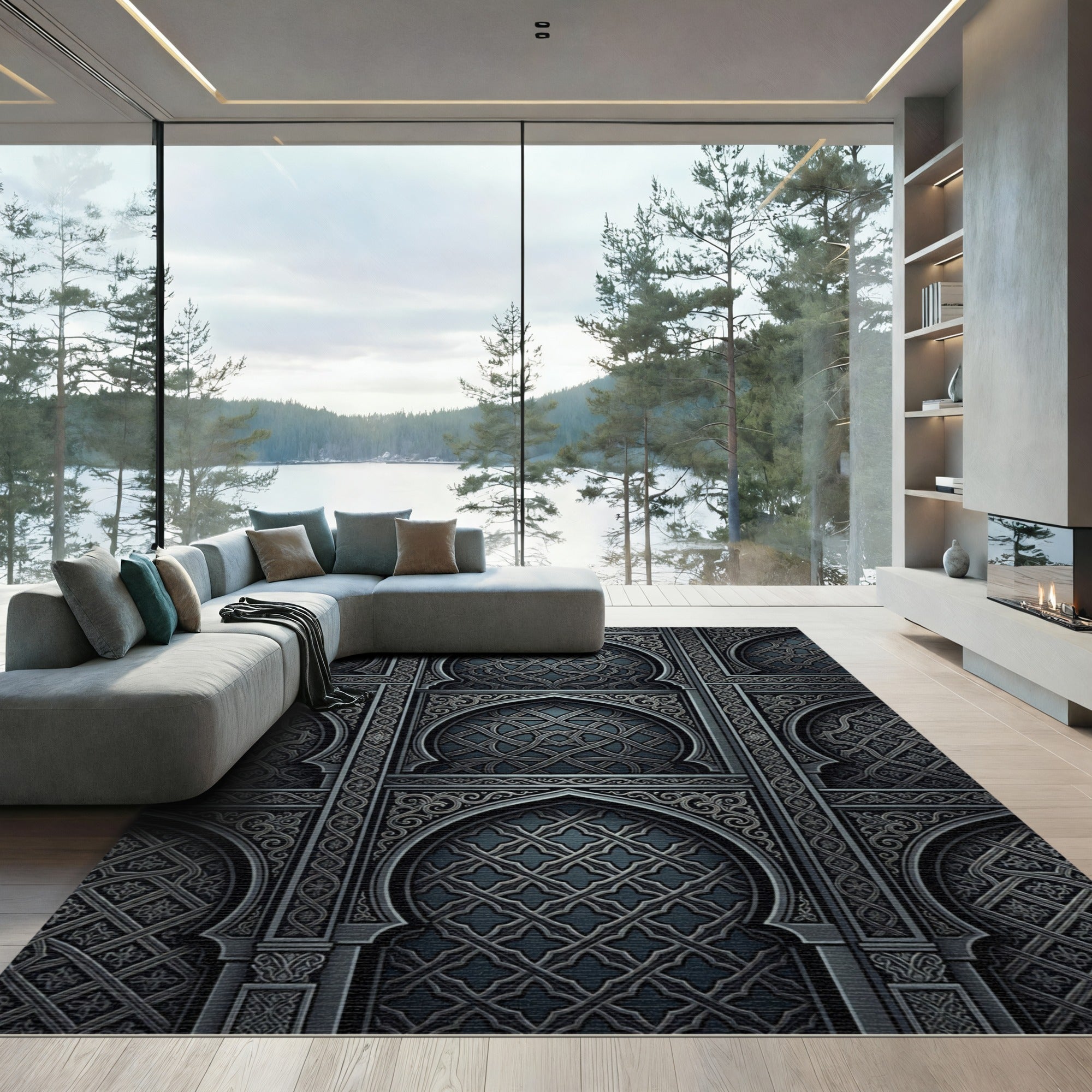 Dark Gray Intricate Arabesque Arch Rug