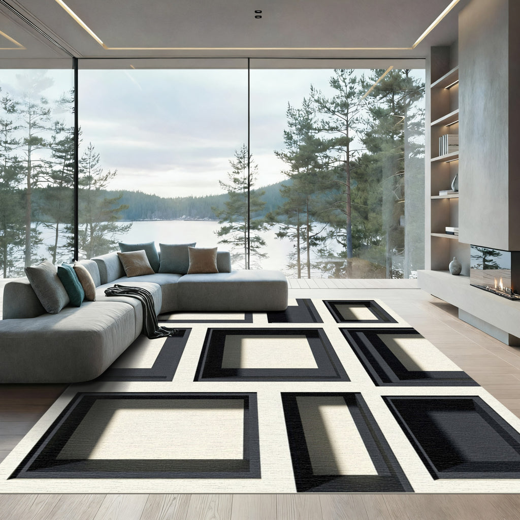 Modern Monochrome Geometric Block Square Rug