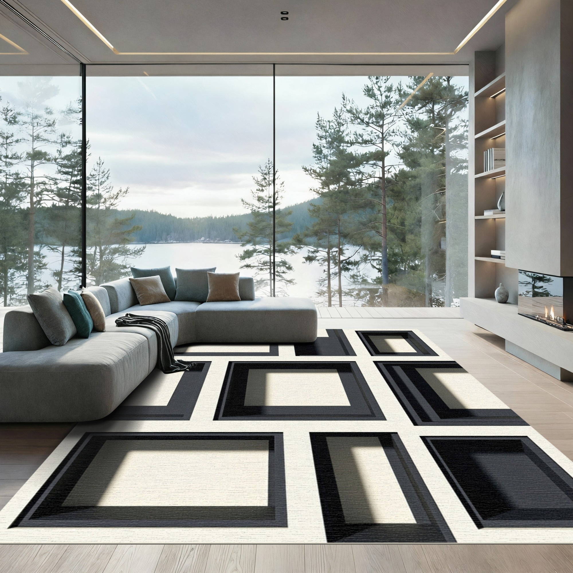 Modern Monochrome Geometric Block Square Rug