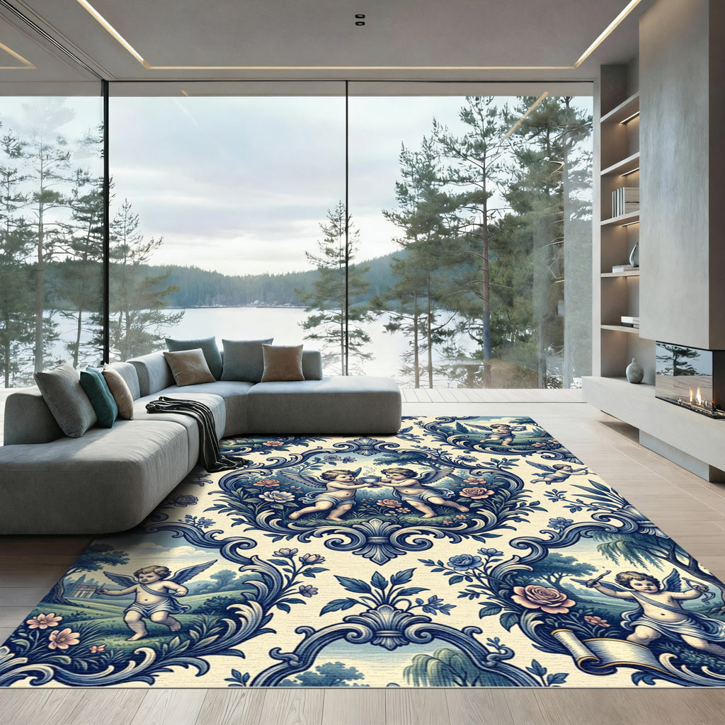 Charming Blue Cherub Toile Scroll Garden Rug