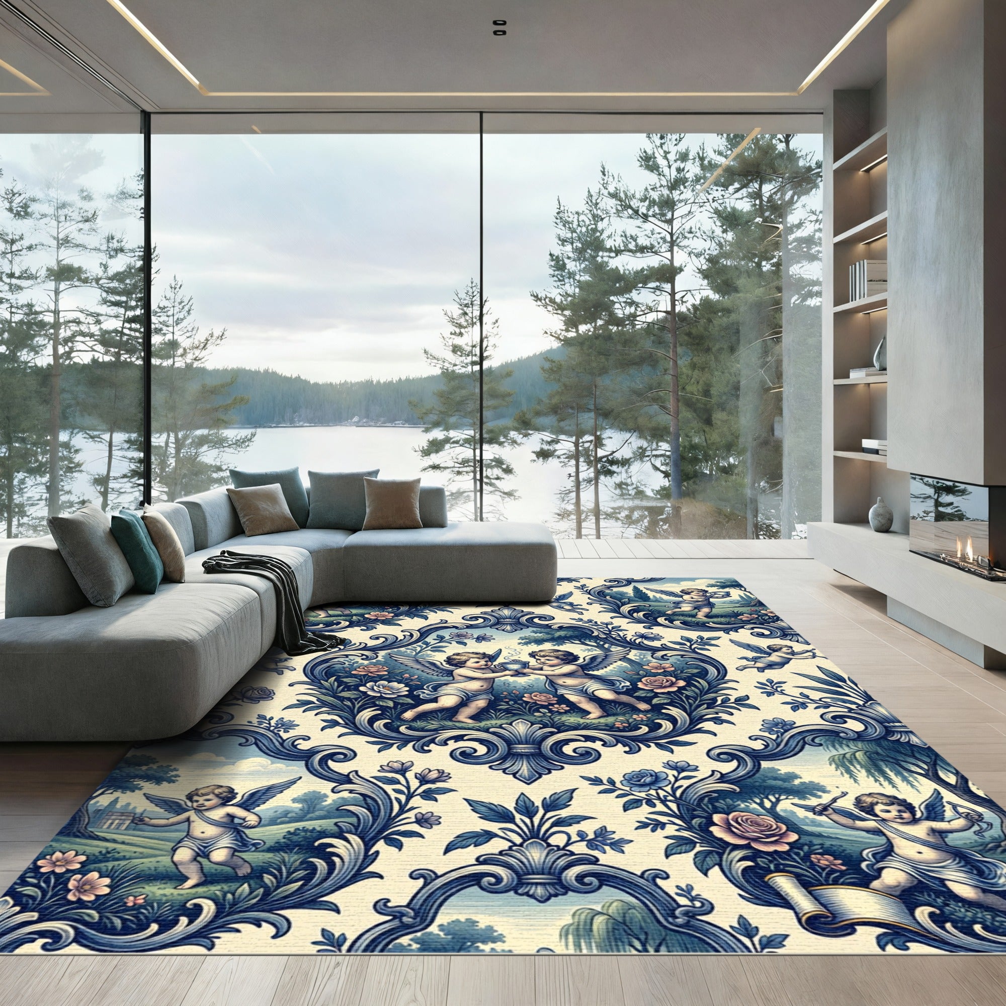 Charming Blue Cherub Toile Scroll Garden Rug