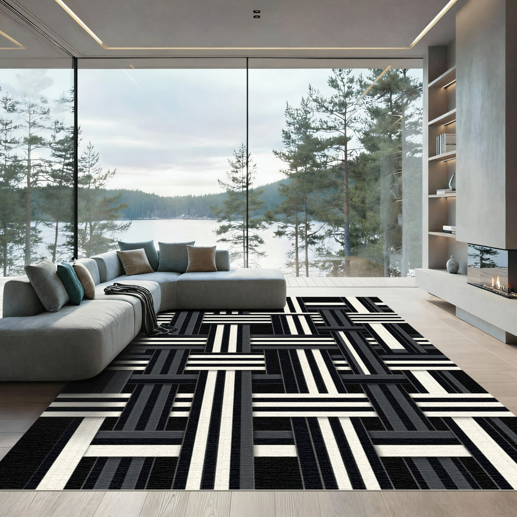 Modern Monochromatic Interwoven Striped Weave Rug