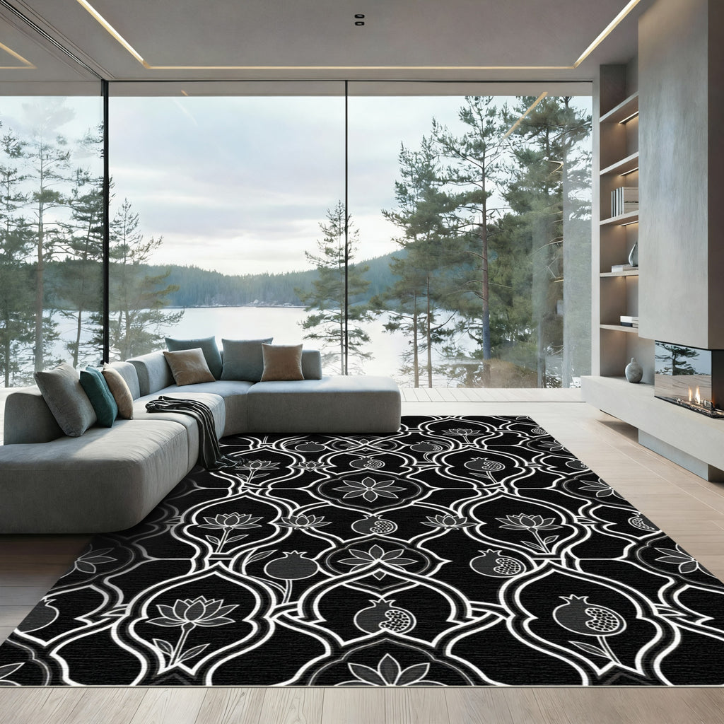 Black White Lotus Pomegranate Lattice Rug
