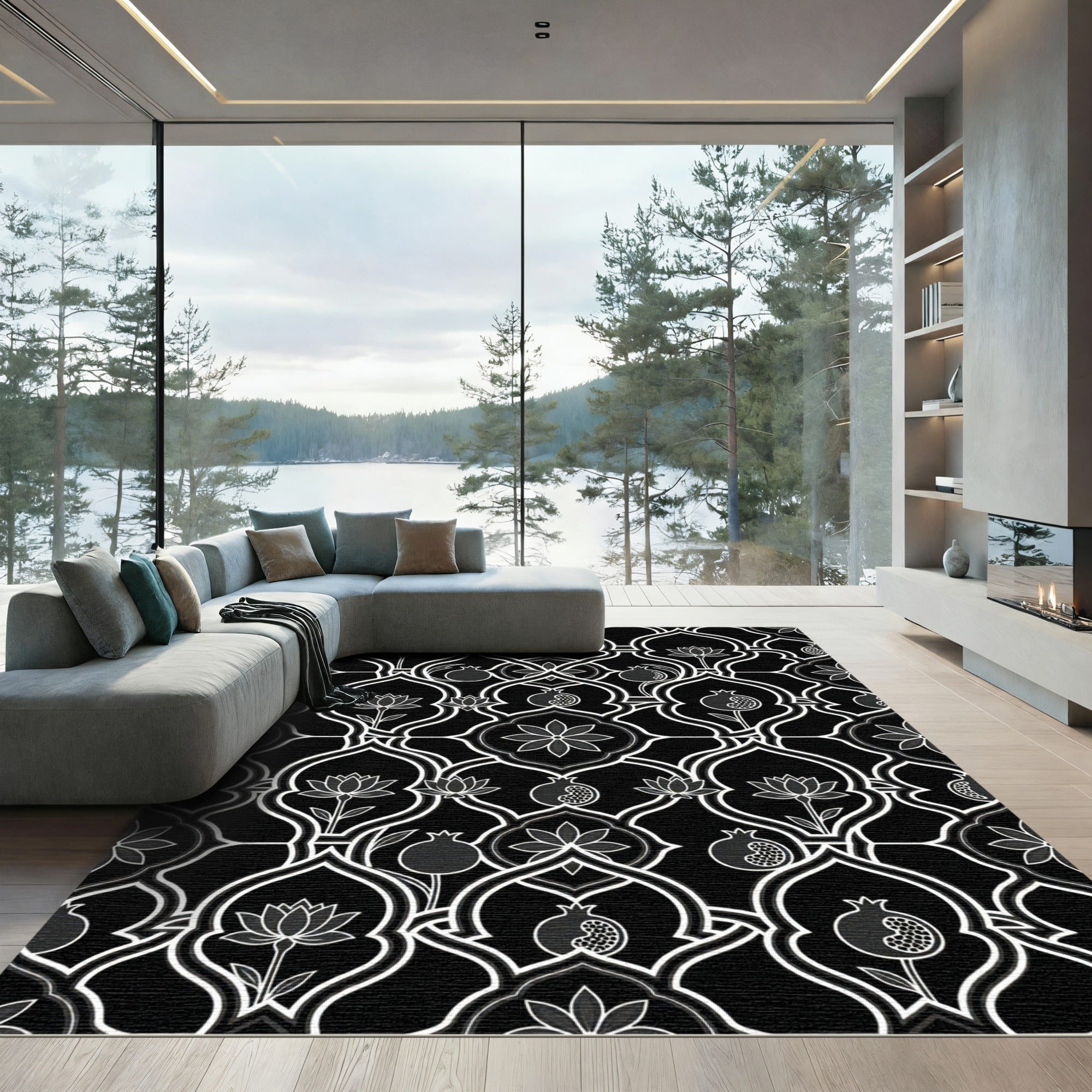Black White Lotus Pomegranate Lattice Rug